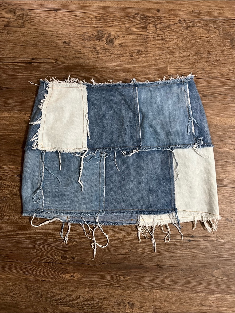 Le Lis Two-Tone Frayed Denim Mini Skirt in Light Blue & White